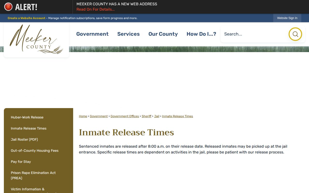 Meeker County inmate release times policy