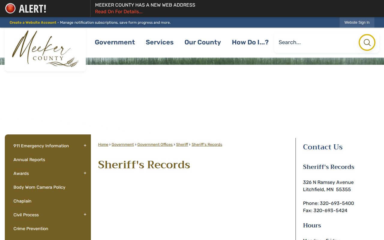 Meeker County Sheriff's Records office contact page
