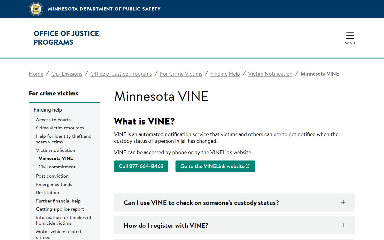 Minnesota VINE service for Meeker County inmate custody alerts