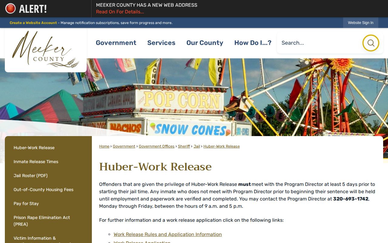 Meeker County Huber work release program page